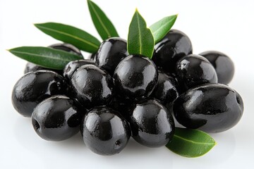 Black Olives with Green Leaves on White Background