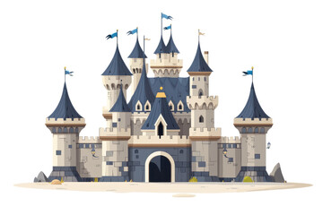 Obraz premium Enchanting fairy tale castle with turrets and flags, ideal for fantasy themes, storytelling, and children's illustrations.