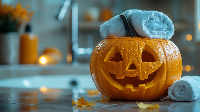 Halloween pumpkin getting ready for the party by dressing up in the bathroom, towel on head, Halloween party, Jack O'lantern