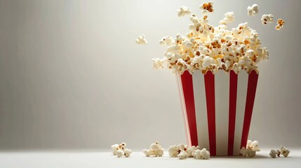 A festive popcorn explosion from a Christmas-colored box, filling the air with fun and excitement on a white background.