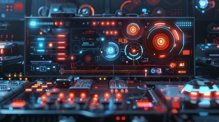 Futuristic neon api interface concept with detailed connection scheme on dark background
