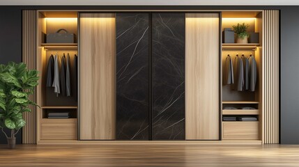 Wooden wardrobe with black marble doors in scandinavian style interior design of modern bedroom.
