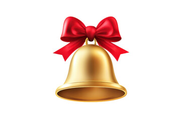 Golden Christmas bell with a vibrant red ribbon bow, symbolizing festive cheer, celebration, and holiday spirit on a transparent background.