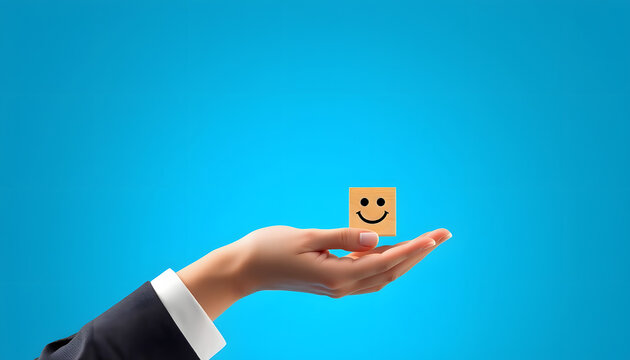world mental health day concept or feedback rating and positive customer review, Businessman hand holding smile face, wood cube with happiness face icon on blue background isolated with white highli