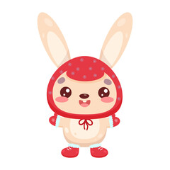 A cute rabbit in a red hat and gloves. The rabbit is smiling and he is happy. Cute cartoon character in winter clothes.