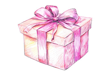 Obraz premium Hand-drawn gift box with a pink ribbon, showcasing a delicate and charming watercolor style, perfect for festive and celebratory themes.