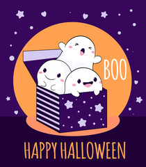 Happy Halloween. Cute kawaii little ghosts in box. Baby card with ghost in magic box. Childish print with funny characters for t-shirt, Halloween card design. Vector illustration EPS8
