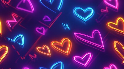 Retro-themed hearts and arrows pattern, vibrant neon colors, dark background, glowing effect, 1980s inspired design, repeating seamlessly, playful and bold style, hd quality, dynamic composition.