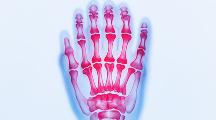Naklejka premium X-ray of a human hand, showing bones and joints in vivid colors. Ideal for educational and medical use, showcasing anatomy in detail.
