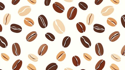 Fototapeta premium A seamless pattern of coffee beans in various shades of brown against a white background.