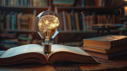 a light bulb and human brain inside in open book on the table