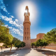Islamic landmark of a mosque minaret in Islamic architecture style with trees in the foreground