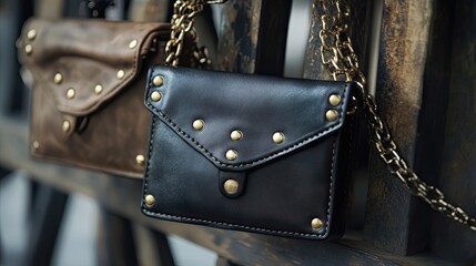 Black Leather Purse with Gold Chain and Studs