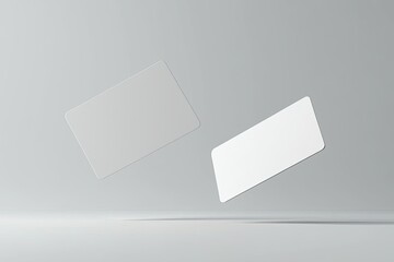 two blank business card mockups floating on a grey background with a soft shadow, two white round-cornered cards flying in the air for design presentation and branding mock-up template