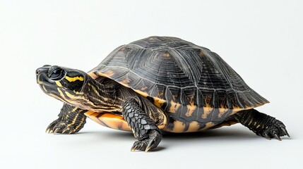 Obraz premium A small turtle with a black and yellow shell on a white background.