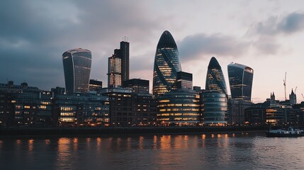 Naklejka premium A panoramic view of London's cityscape at dusk, with the city's iconic skyscrapers illuminated against a vibrant purple sky.