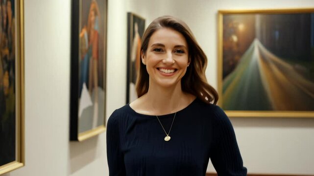 A happy 24-year-old woman walks confidently through an art gallery, the camera slowly zooms in, with three-point lighting enhancing her features
