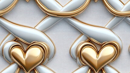 Seamless pattern of interlocking rings with tiny hearts, classic style, silver and gold color scheme, soft shadows on a white background, high contrast, hd quality, elegant arrangement, romantic vibe.