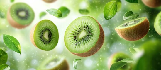 Fototapeta premium Close-up of fresh kiwi fruit slices falling through the air with green leaves and a blurred green background.