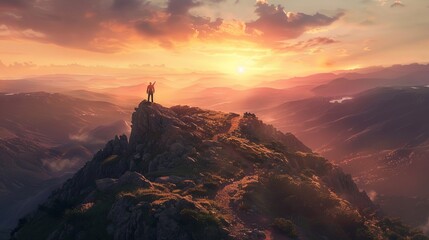 A commanding figure at sunrise on a mountain peak  a symbol of leadership and vision