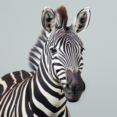 Fototapeta premium Close-up portrait of a zebra in a professional studio setting showcasing its distinctive black and white stripes and expressive features