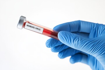 Fototapeta premium Doctor Scientist holding a test blood sample of Marburg Virus. Hand in blue glove with Laboratory tube for analysis. New epidemic illness. Outbreak of infectious disease spreading, worldwide pandemic