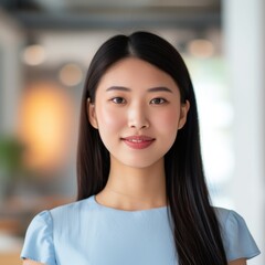 Fototapeta premium Portrait of a young Chinese businesswoman with a friendly smile in modern office