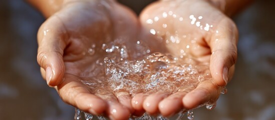 Fototapeta premium Close-up of hands cupping flowing water.