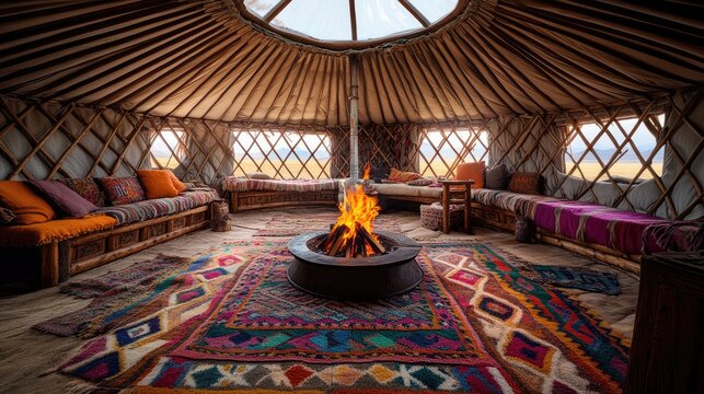 A traditional Mongolian ger (yurt) interior with felt walls
