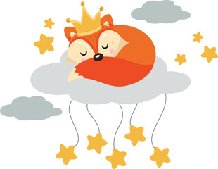 Cute fox with crown sleeping on cloud with stars