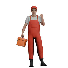 Automotive Service Expert in 3D. A male mechanic stands holding a tool box in his left hand and clenching his right fist. Cartoon Mechanic
