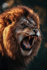 Fototapeta premium A Close-up of a Roaring Lion with its Mouth Wide Open