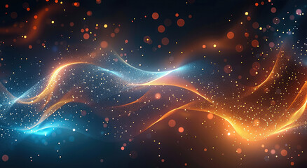 Abstract glowing particles forming dynamic waves of blue and orange, vibrant energy flowing in a cosmic-like scene, sparkling light points scattered throughout, soft gradient blending into background.