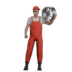 Male Mechanic 3D Model. A male mechanic stands while lifting a car tire in his right hand. Vehicle Troubleshooting Environment