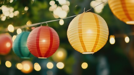 Obraz premium Colorful Hanging Lanterns Illuminating Outdoor Scene