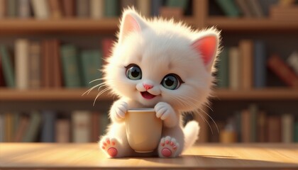 Adorable fluffy white kitten with big blue eyes holding a coffee mug against a cozy bookshelf background.