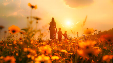 parent, meadow, family, mother, child, relaxation, journey, nature, freedom, together. background image is mother and children walk together at meadow, field of flower on sunset to relaxation