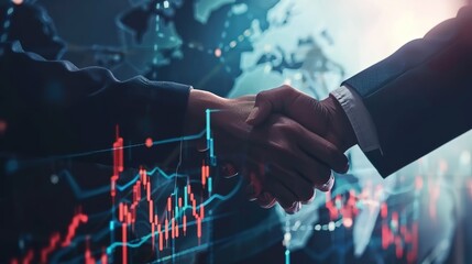 business man shaking hands with effect global network link connection and graph chart of stock market graphic diagram, digital technology, internet communication, teamwork, partnership concept