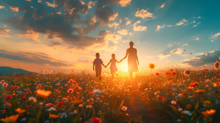 parent, meadow, family, mother, child, relaxation, journey, nature, freedom, together. background image is mother and children walk together at meadow, field of flower on sunset to relaxation