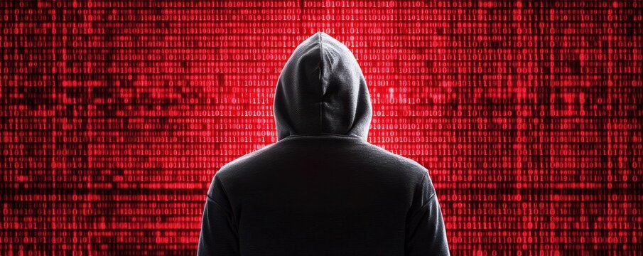 An anonymous figure in a hoodie stands against a backdrop of digital code, evoking themes of hacking and cybersecurity.
