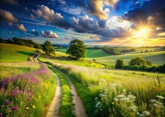 Obraz premium Enchanting Double Exposure of Rural Hampshire's Green Fields and Pathway on a Summer Day