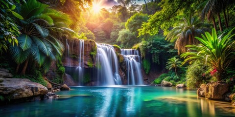 Enchanting Tropical Oasis with Waterfall - Long Exposure Photography