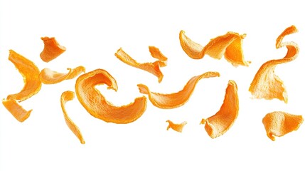 Fototapeta premium Dried orange peel on the air , curly dried orange peel on the air isolated on white backgroun