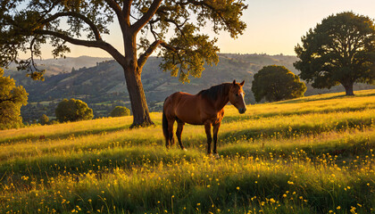 Naklejka premium Cheval au crépuscule champêtre