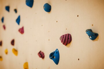 Colorful climbing holds on a rock wall.