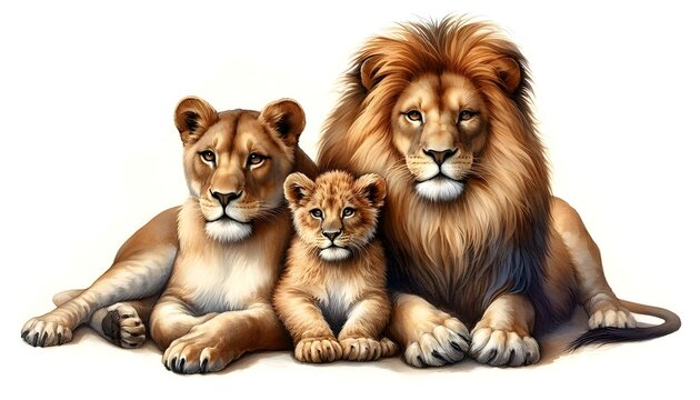 lion family digital painting watercolor oil painting drawing illustration, white background, lion male female baby