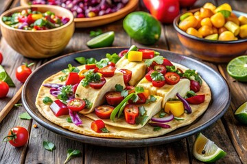 Enjoy an exquisite plate of perfectly pan-fried halloumi cheese, adorned with colorful garnishes, complemented by tasty tacos, ideal for a delightful communal dining experience.