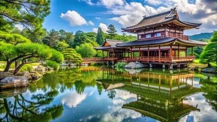 Naklejka premium Enjoy the serene beauty of Heian Garden in Kyoto, where lush greenery meets traditional architecture, creating a harmonious retreat steeped in Japan's rich heritage and culture.