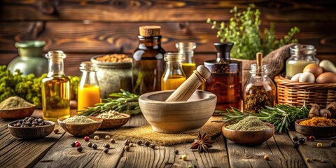 Fototapeta premium Essential Oil Bottles and Dry Ingredients on Wooden Table with Mortar - Natural Wellness