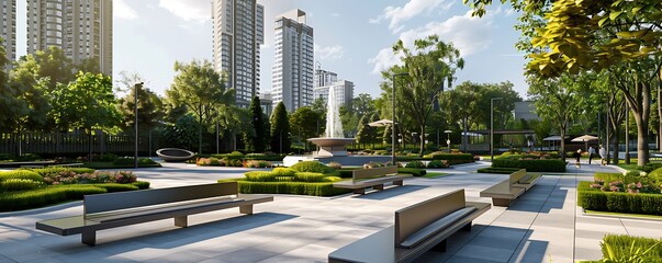 A contemporary city park with sleek benches a modern fountain and carefully landscaped gardens Tall buildings in the background